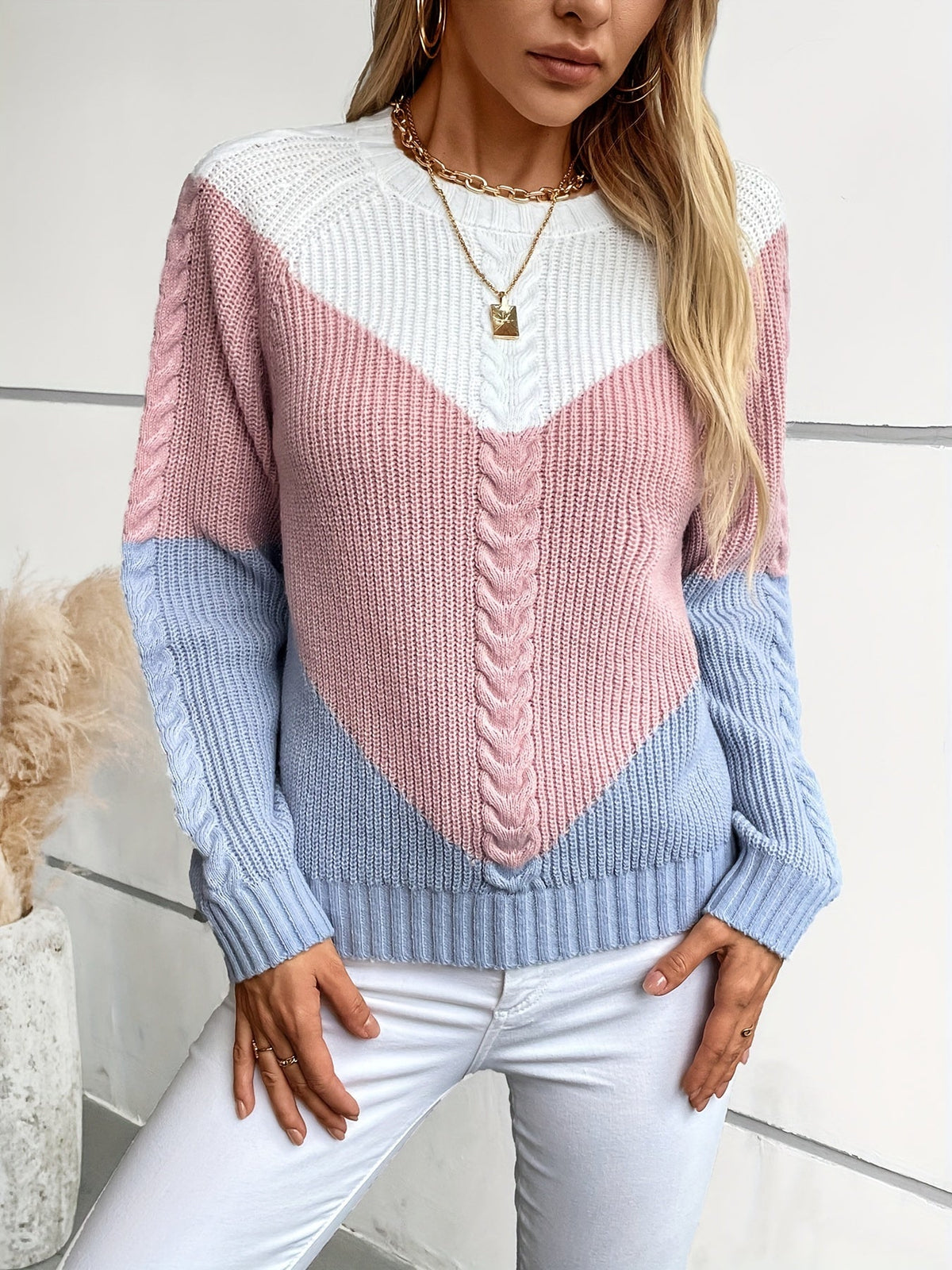Lorella | Cozy Color Block Cable Knit Sweater With Chevron Panel