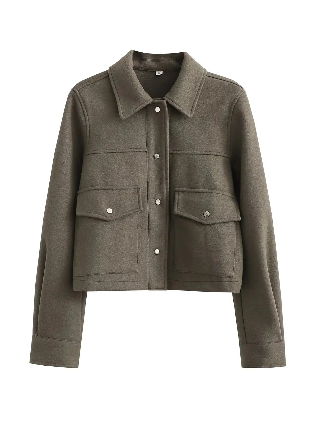 Women’s Cropped Wool-Blend Jacket with Button Front and Structured Utility Design