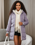 Sporty Hooded Long Puffer Coat with Contrast Lining