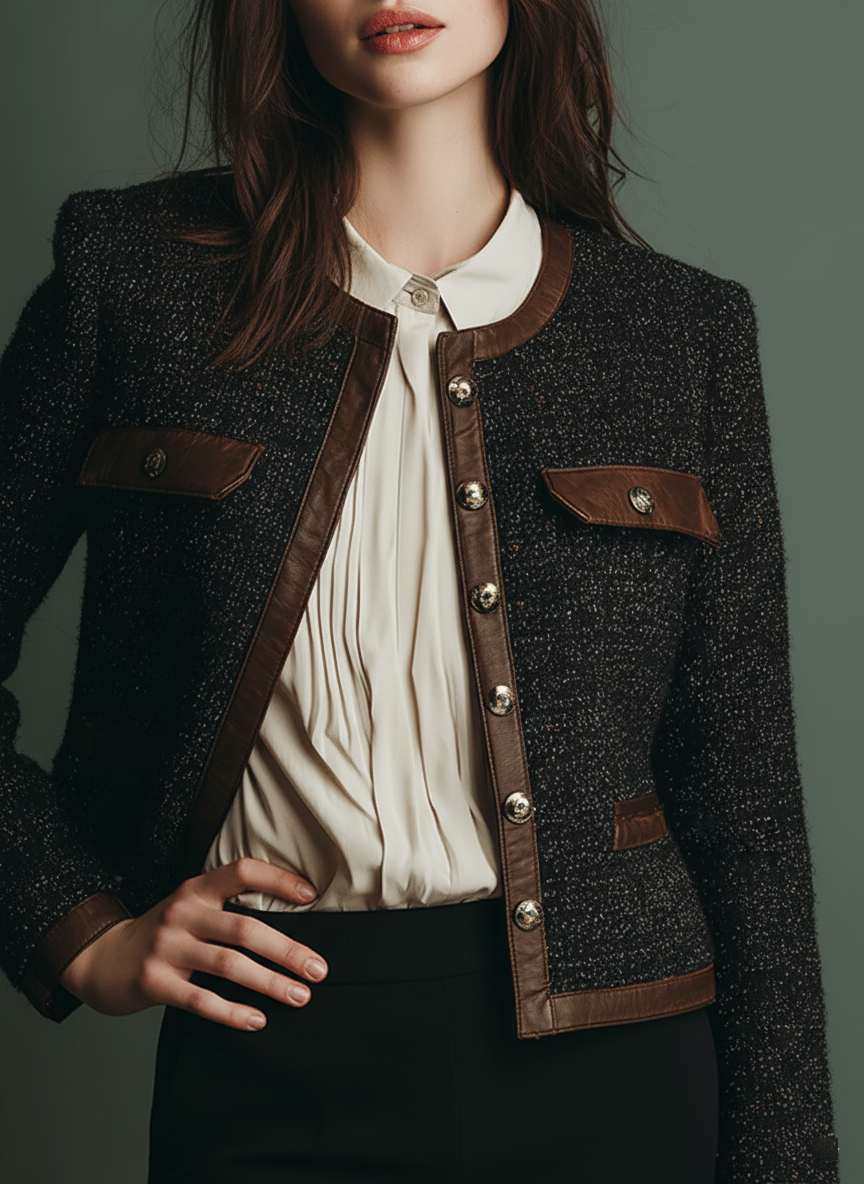 Classic Vintage Leather Trim Tweed Jacket