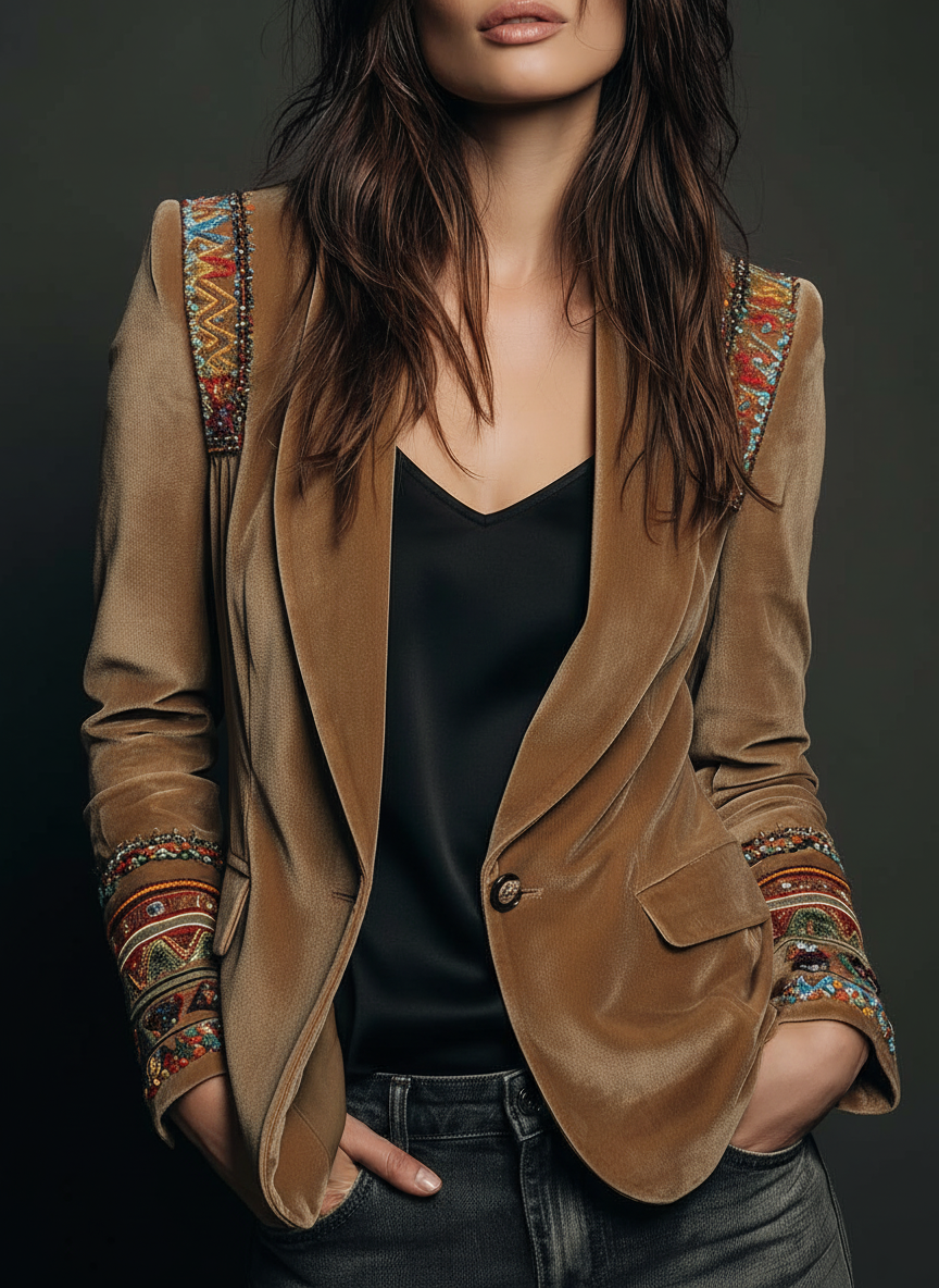 Polyester velvet Embroidered Blazer With Bohemian Detailing