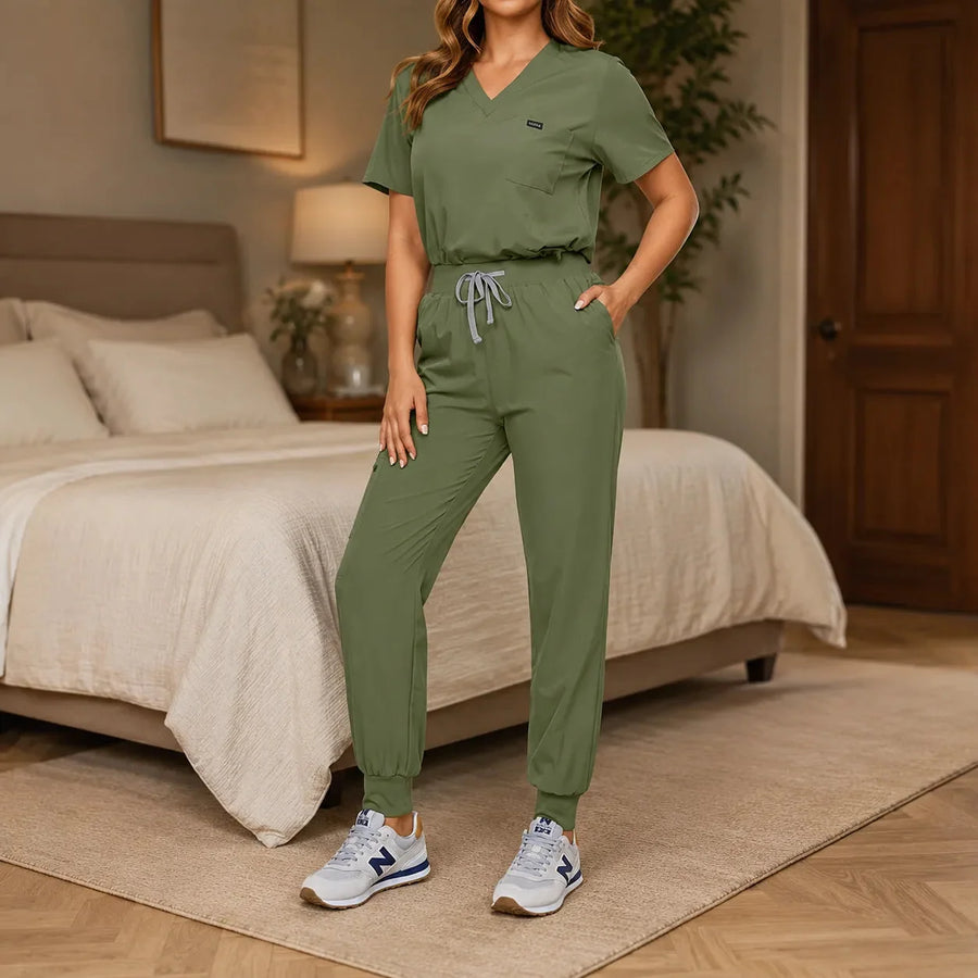 Corelle – V-Neck Jogger Scrub Set with Drawstring Waist and Pockets