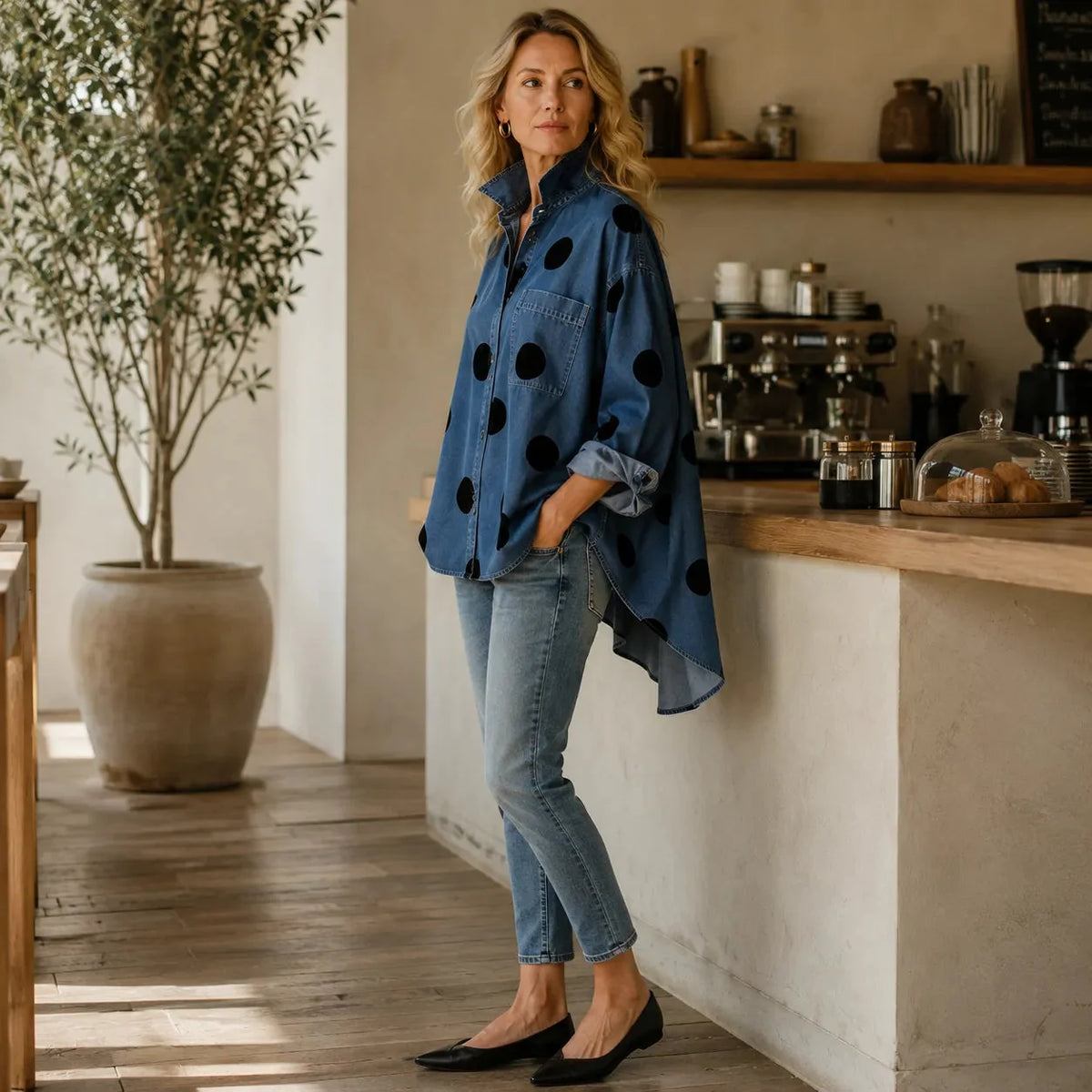 Marevelle | Oversized Polka Dot Denim Shirt