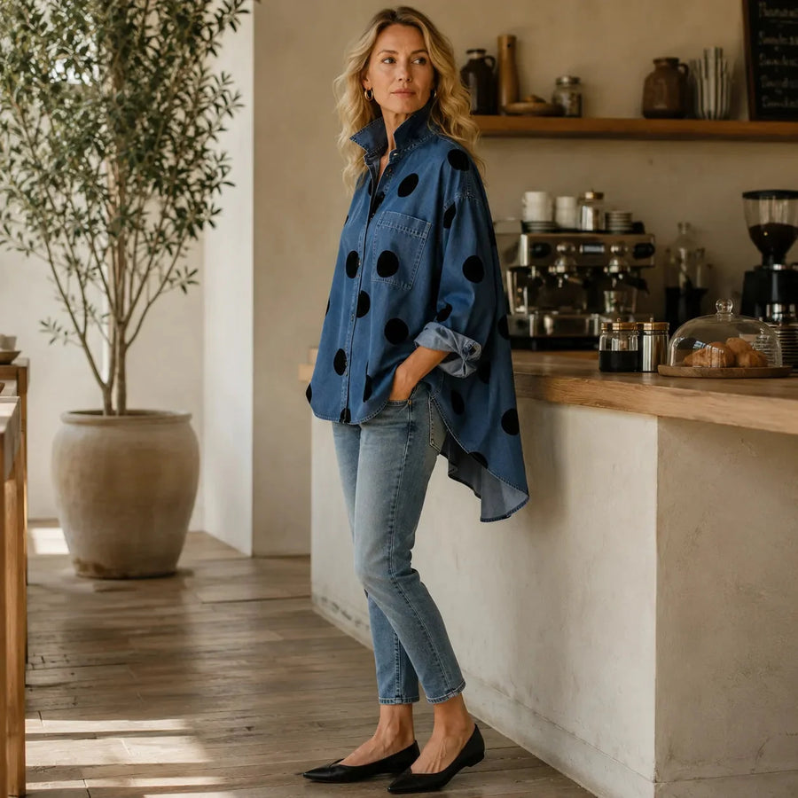 Marevelle | Oversized Polka Dot Denim Shirt