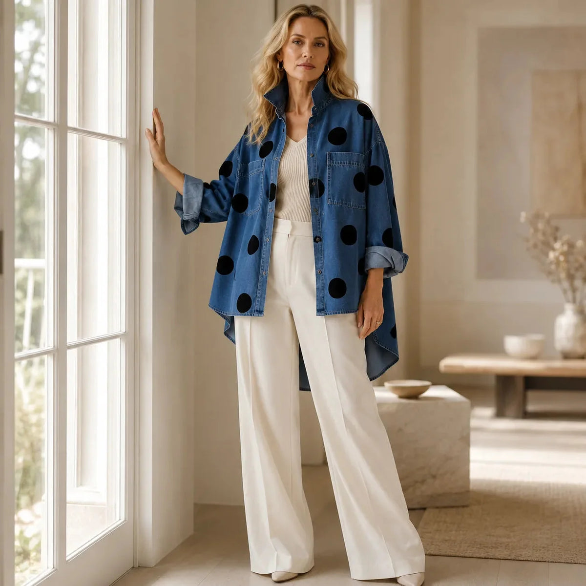 Marevelle | Oversized Polka Dot Denim Shirt