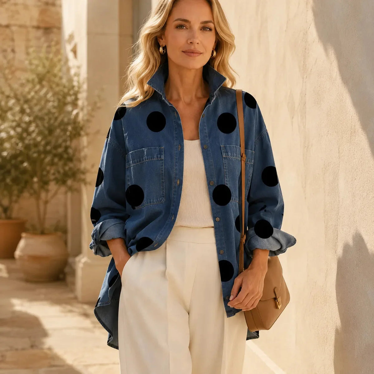 Marevelle | Oversized Polka Dot Denim Shirt
