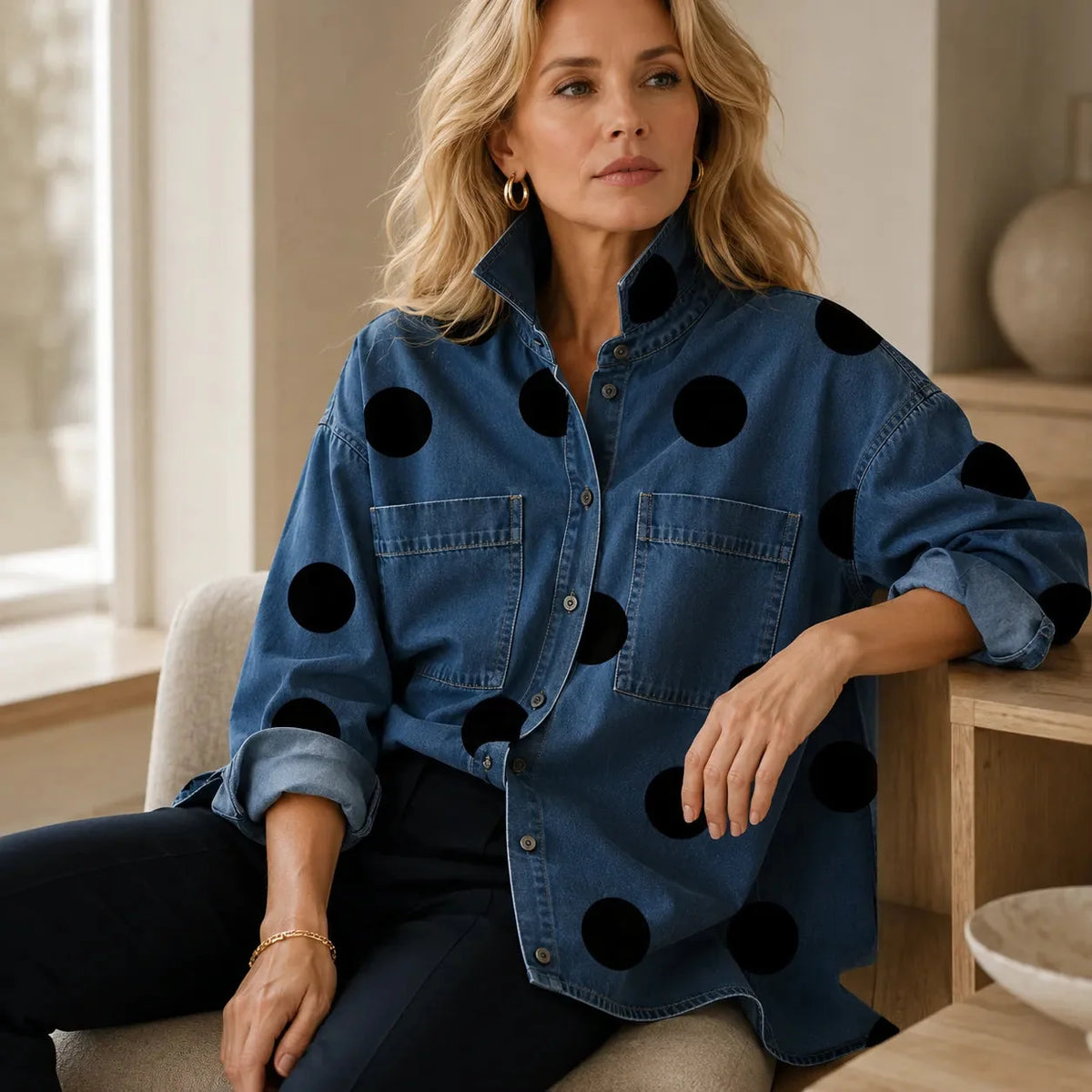 Marevelle | Oversized Polka Dot Denim Shirt