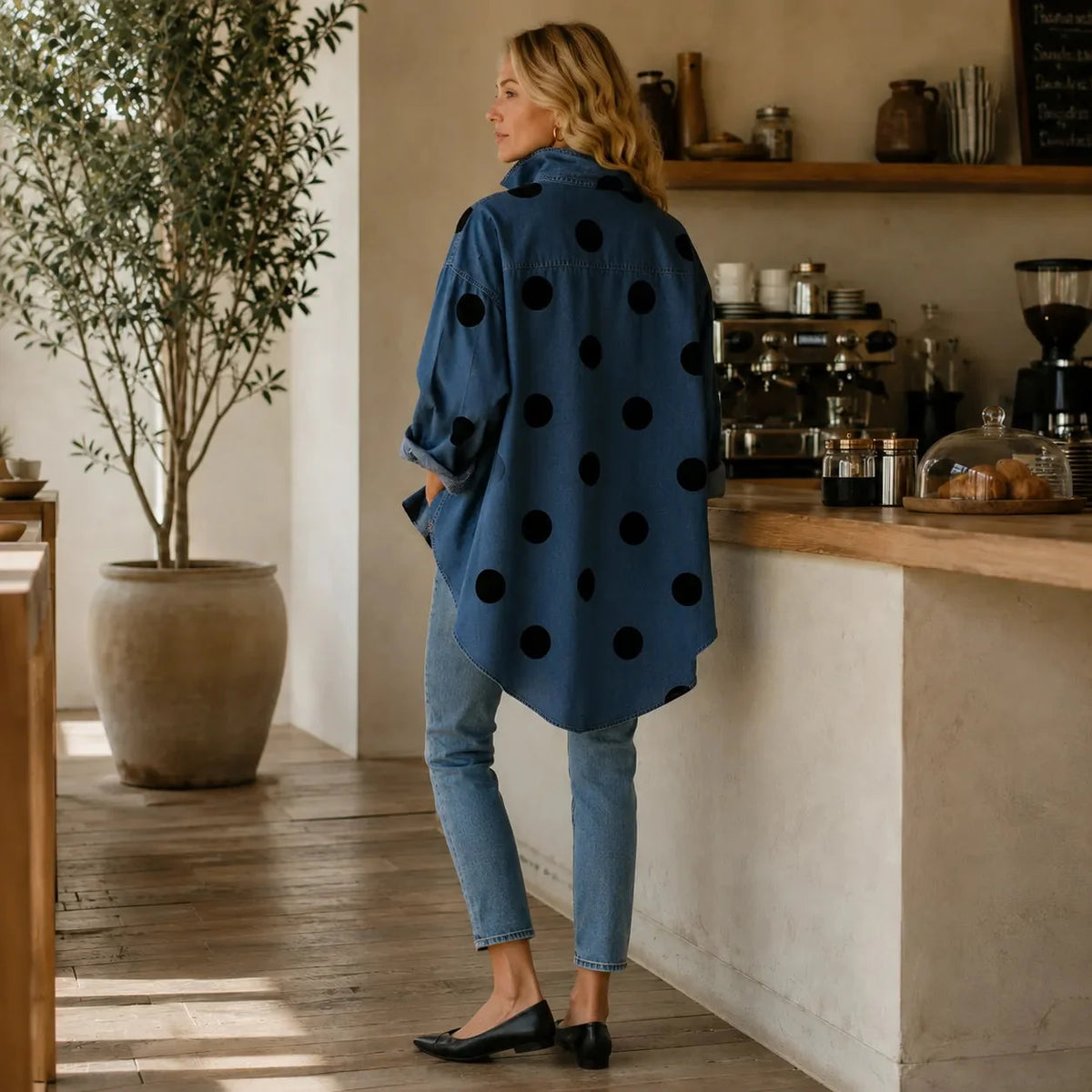 Marevelle | Oversized Polka Dot Denim Shirt