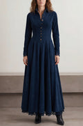 Maravilla Long Suede Dress With Shirt Collar And Lace