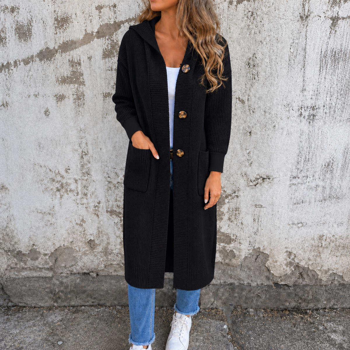 Coziva – Hooded Button-Front Knit Cardigan