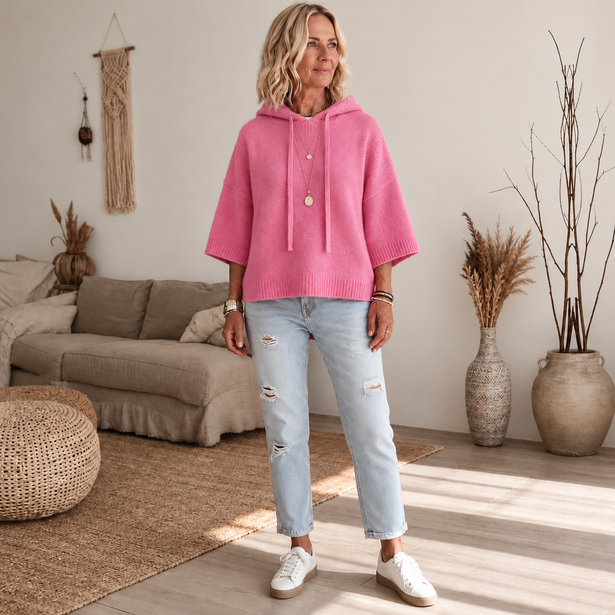Cozelle – Frayed-Edge Open-Knit Oversized Hoodie