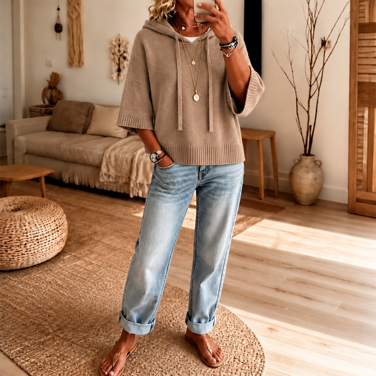 Cozelle – Frayed-Edge Open-Knit Oversized Hoodie
