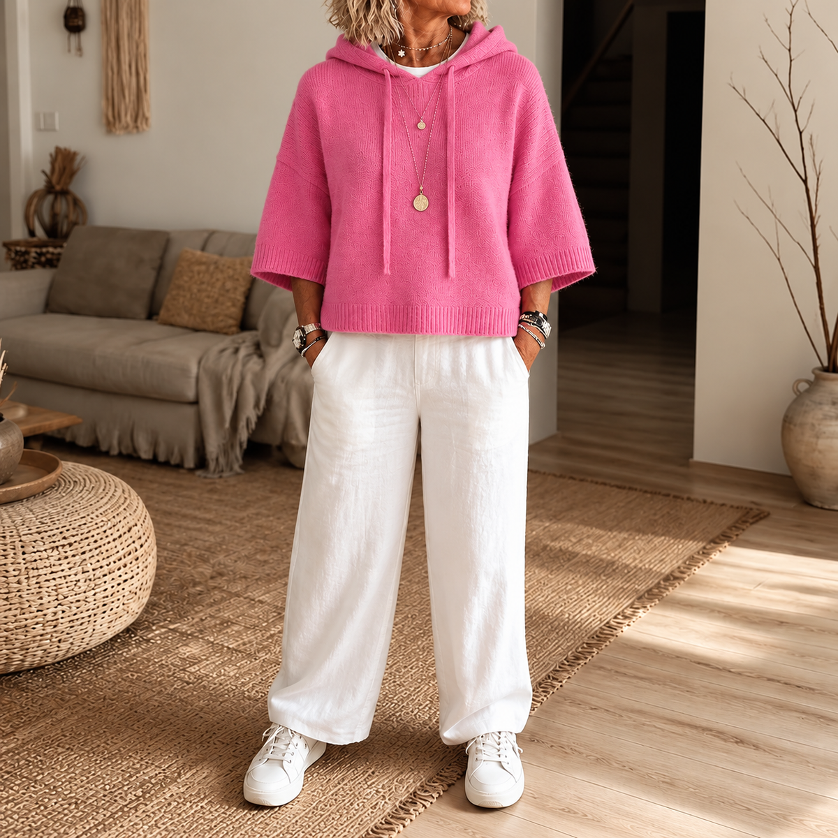 Cozelle – Frayed-Edge Open-Knit Oversized Hoodie