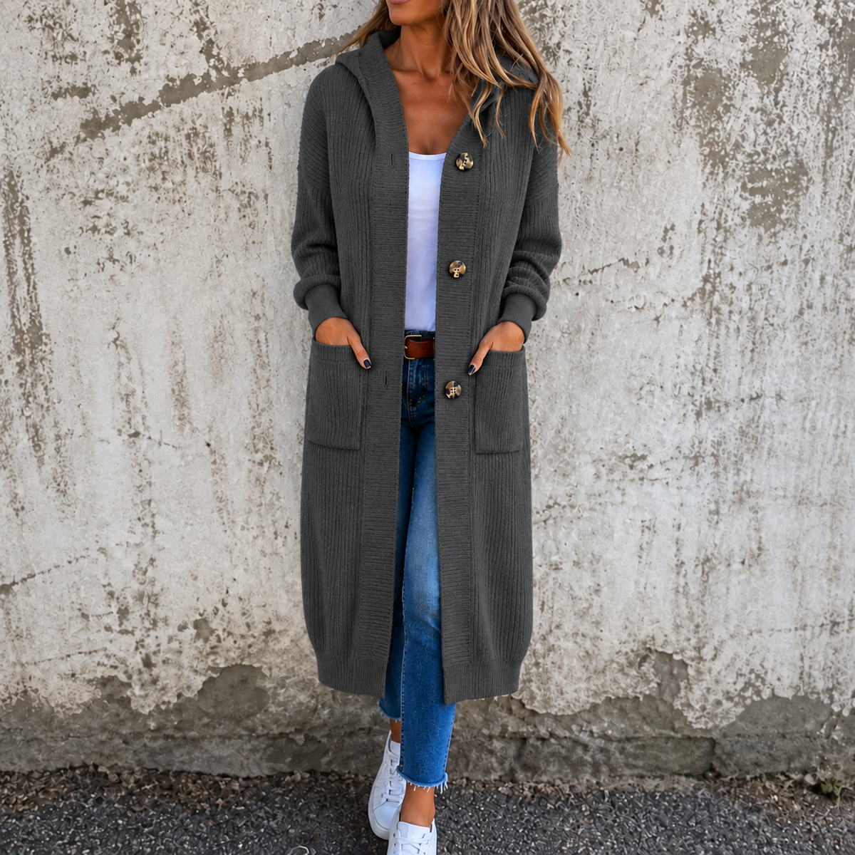 Coziva – Hooded Button-Front Knit Cardigan