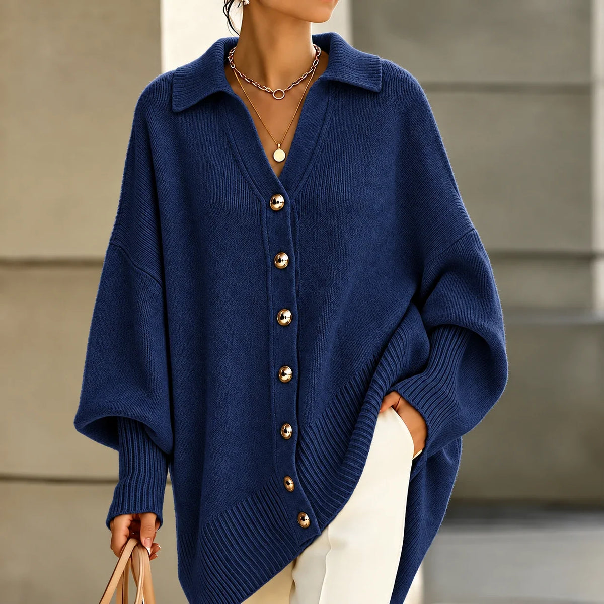 Draperlyn – Collared Open-Front Batwing Knit Cardigan