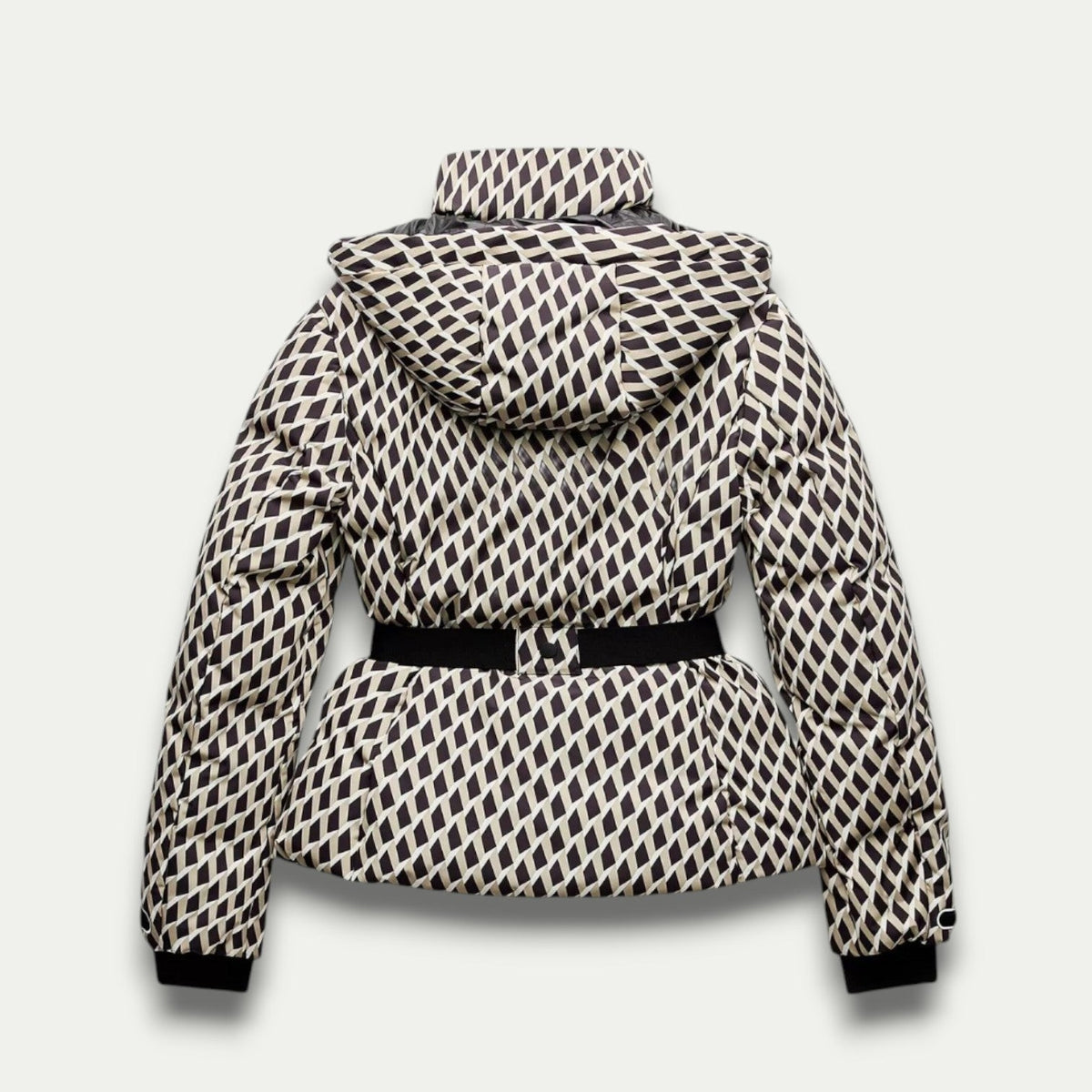 Women’s Belted Beige Patterned Puffer Jacket