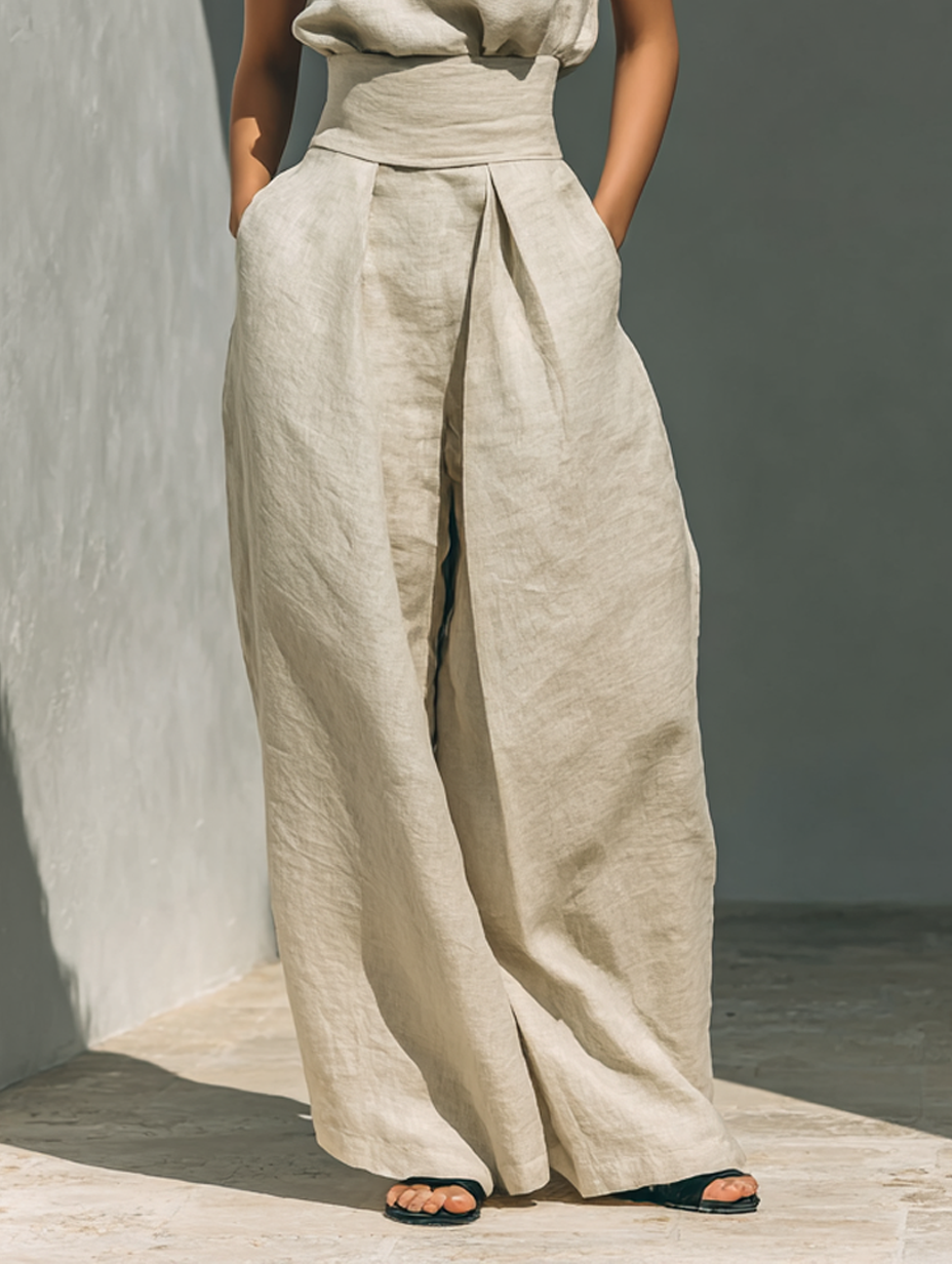 Aurora | Set consisting of a sleeveless beige top and wide-leg pants