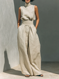 Aurora | Set consisting of a sleeveless beige top and wide-leg pants