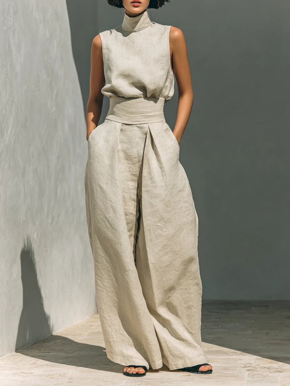 Aurora | Set consisting of a sleeveless beige top and wide-leg pants