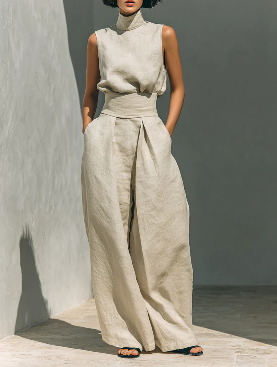 Aurora | Set consisting of a sleeveless beige top and wide-leg pants