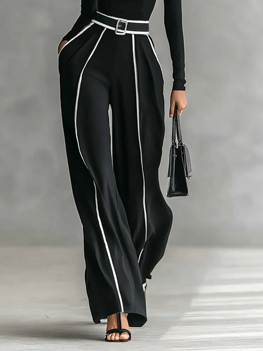 White Trim High-neck Top & Wide-leg Pants Set