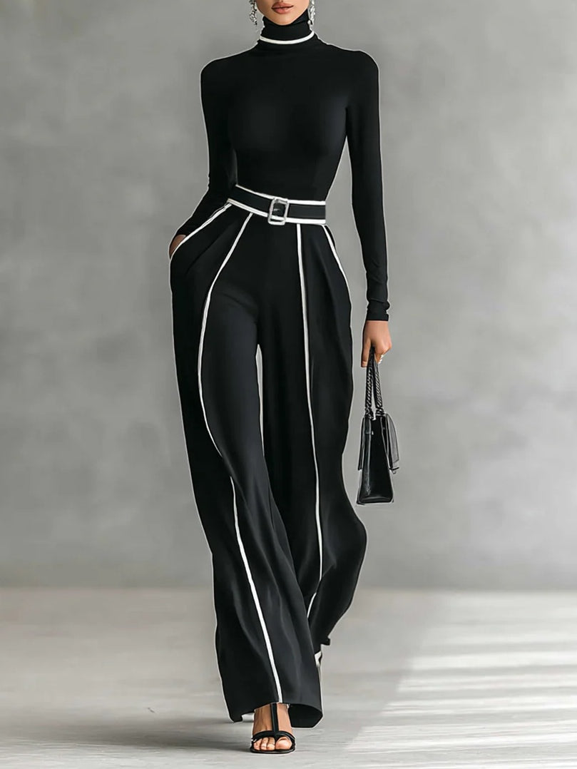 White Trim High-neck Top & Wide-leg Pants Set