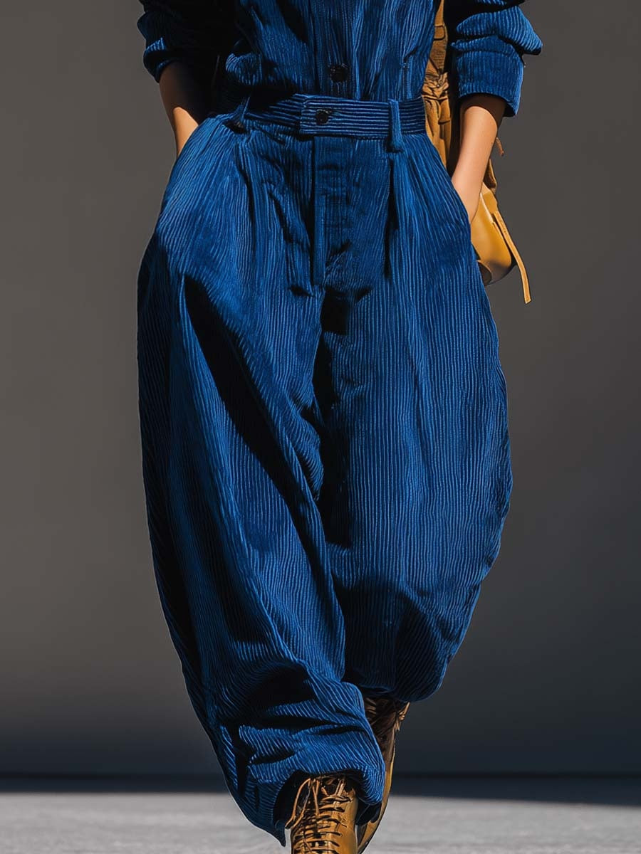 Blue Corduroy Hooded Top & Wide-leg Pants Set