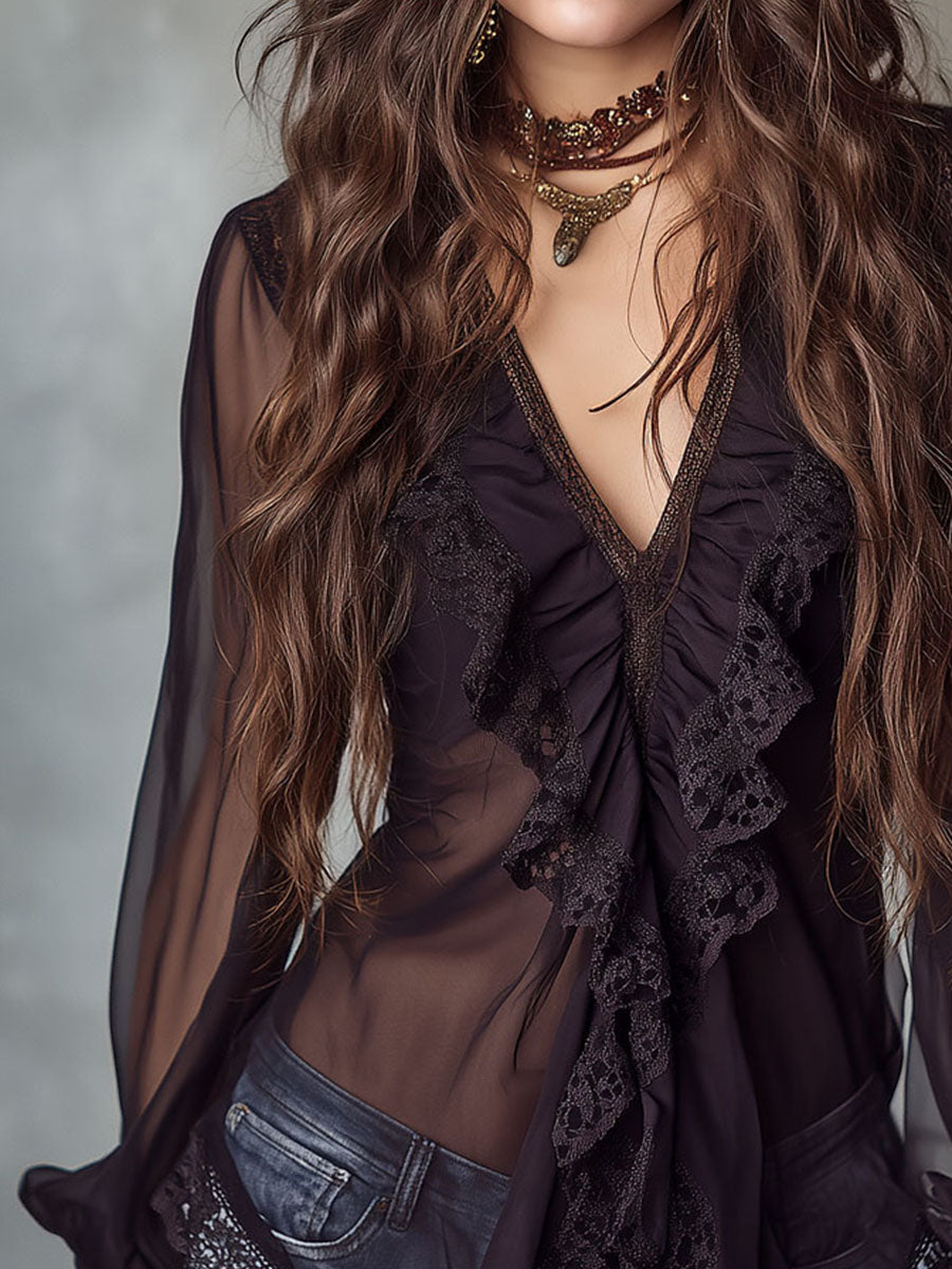Retro Romantic Black Lace Trim Sheer Chiffon Ruffle Blouse