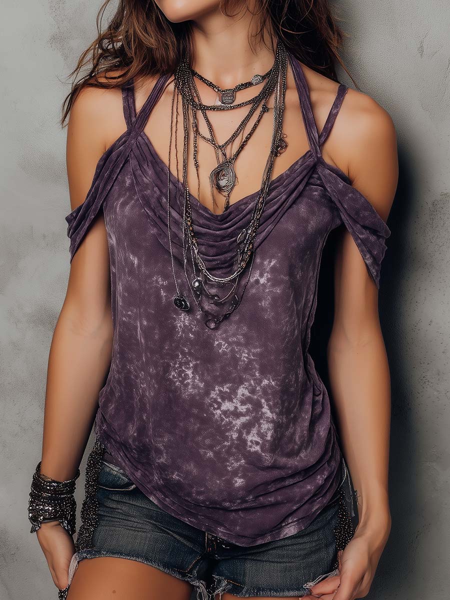 Retro Bohemian Tie-Dye Print Shoulder Strap Top