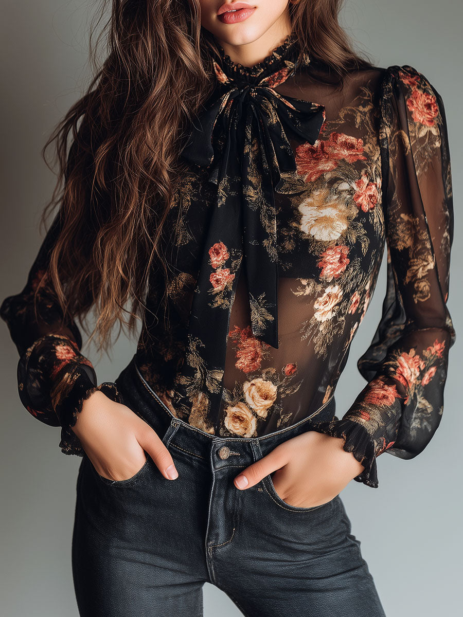 Vintage Black Sheer Chiffon Floral Tie Neck Blouse