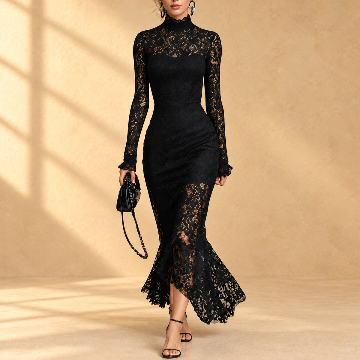 Arabella | Black Lace Evening Dress With Mock Neck And Long Sleeves