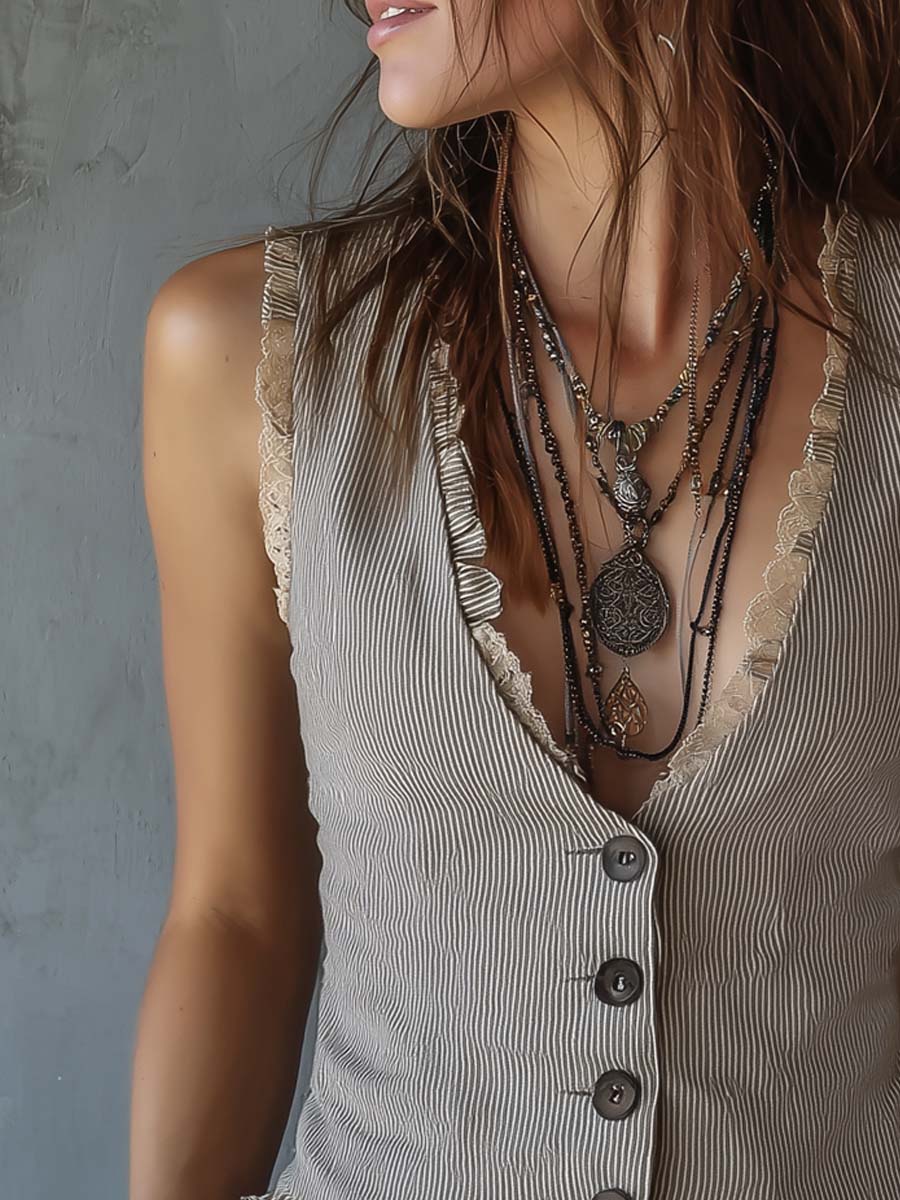 Vintage Lace Trim Striped Vest