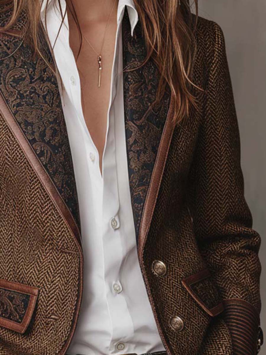 Herringbone Tweed Blazer With Printed Panels