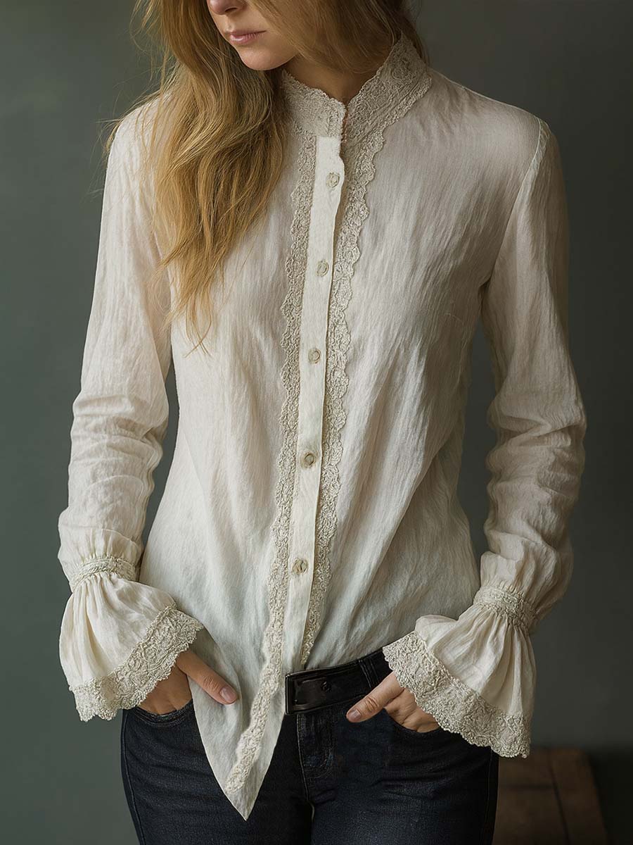 Retro Ruffle Cuffs Lace Blouse