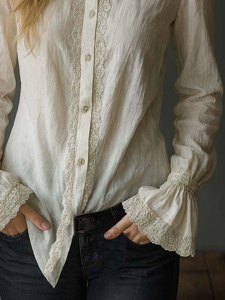 Retro Ruffle Cuffs Lace Blouse