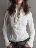 Vintage-Inspired White Ruffle Trim Blouse