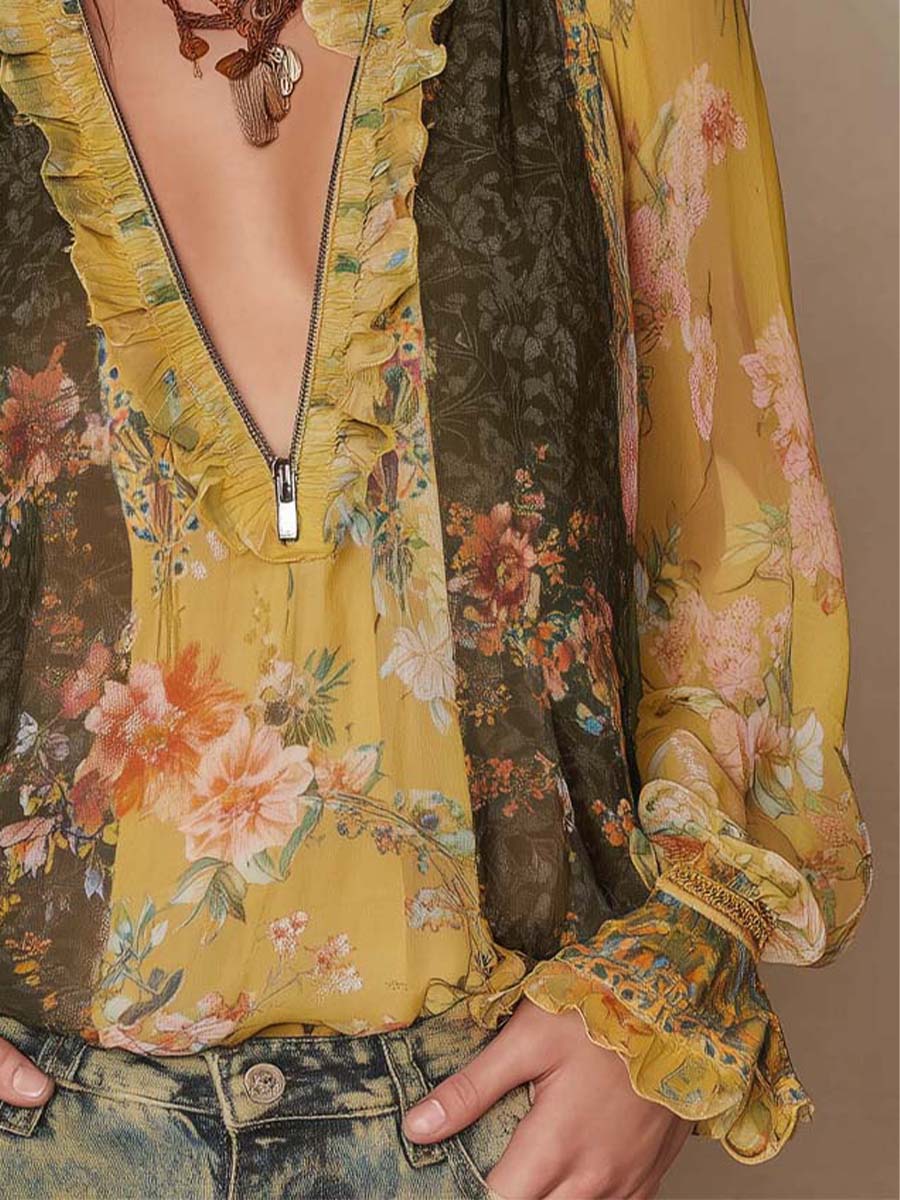Zip-Front Ruffled Floral Chiffon Blouse