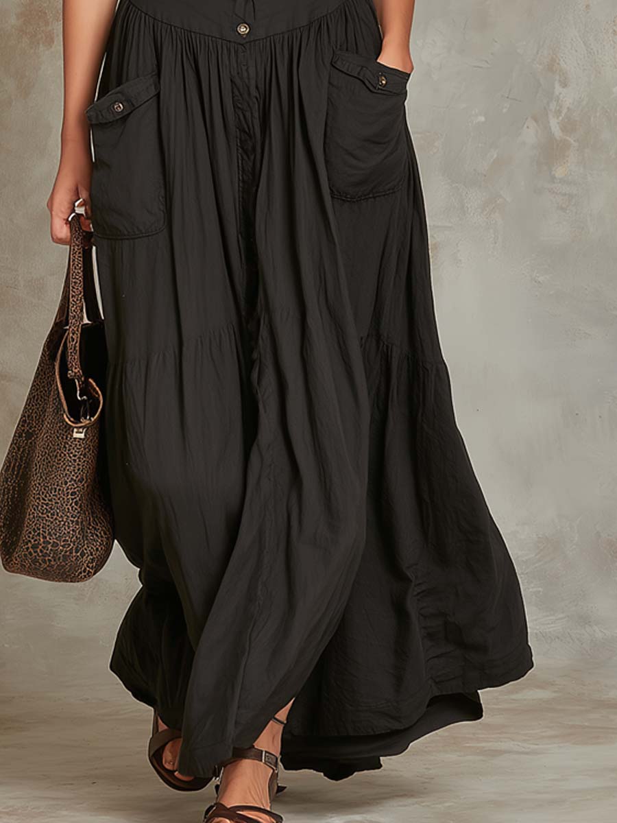 Retro Flap Pocket Cotton Maxi Dress