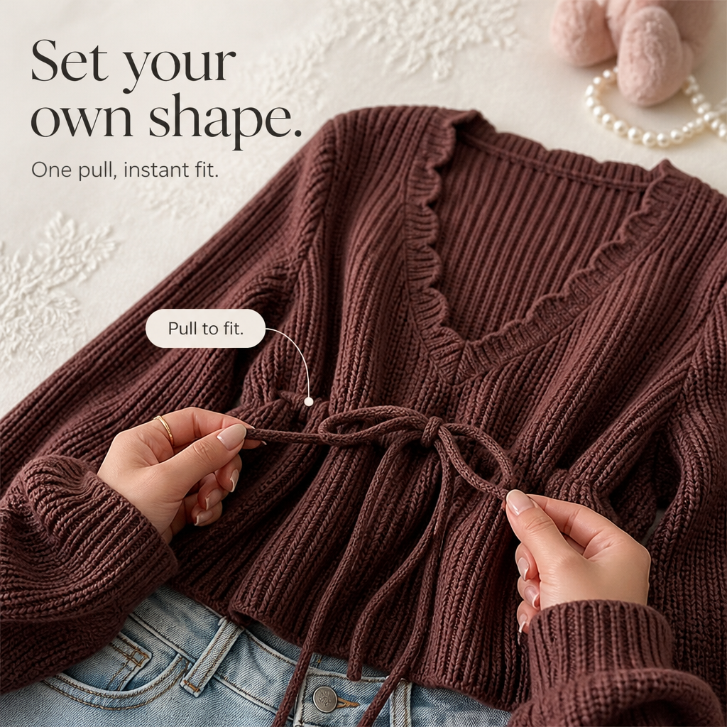 Vela Knit – Ribbed V-Neck Drawstring Sweater