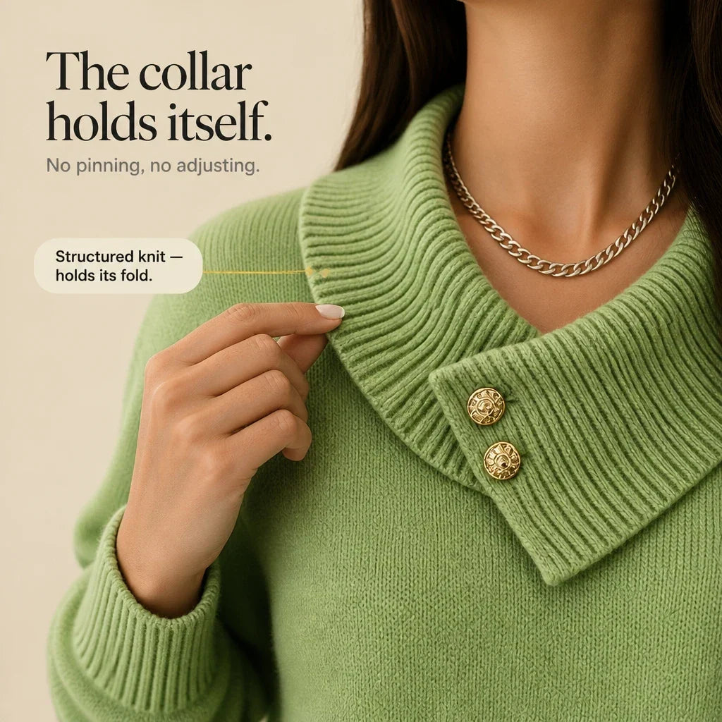 Foldelle – Asymmetrical Ribbed Collar Button Sweater