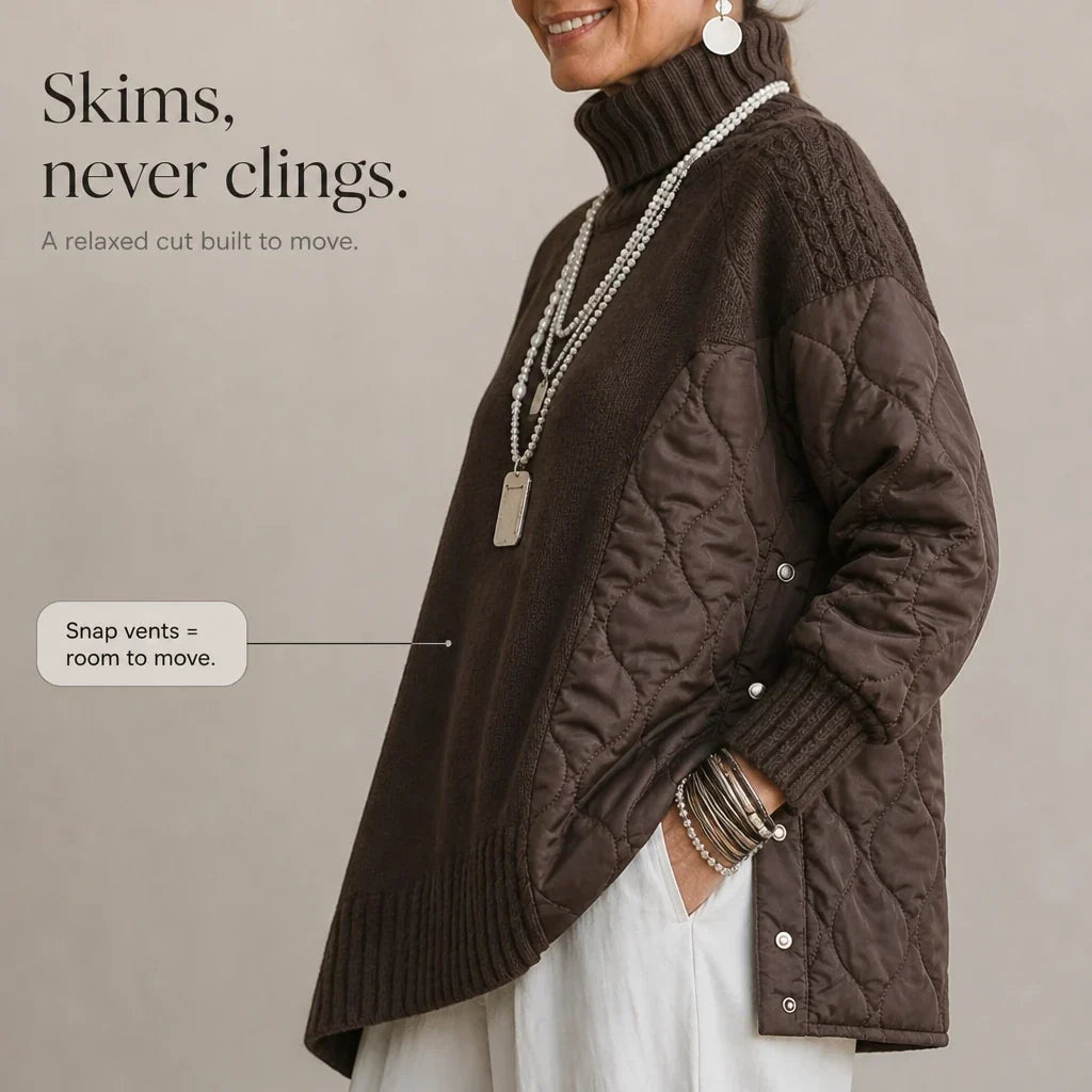 Quilted Haven – Quilted Panel Turtleneck Pullover