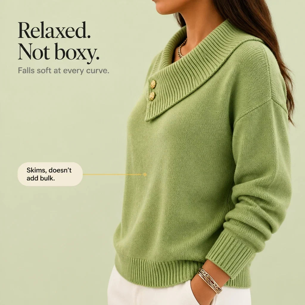 Foldelle – Asymmetrical Ribbed Collar Button Sweater
