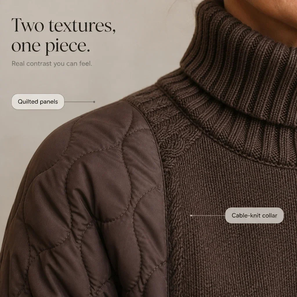 Quilted Haven – Quilted Panel Turtleneck Pullover