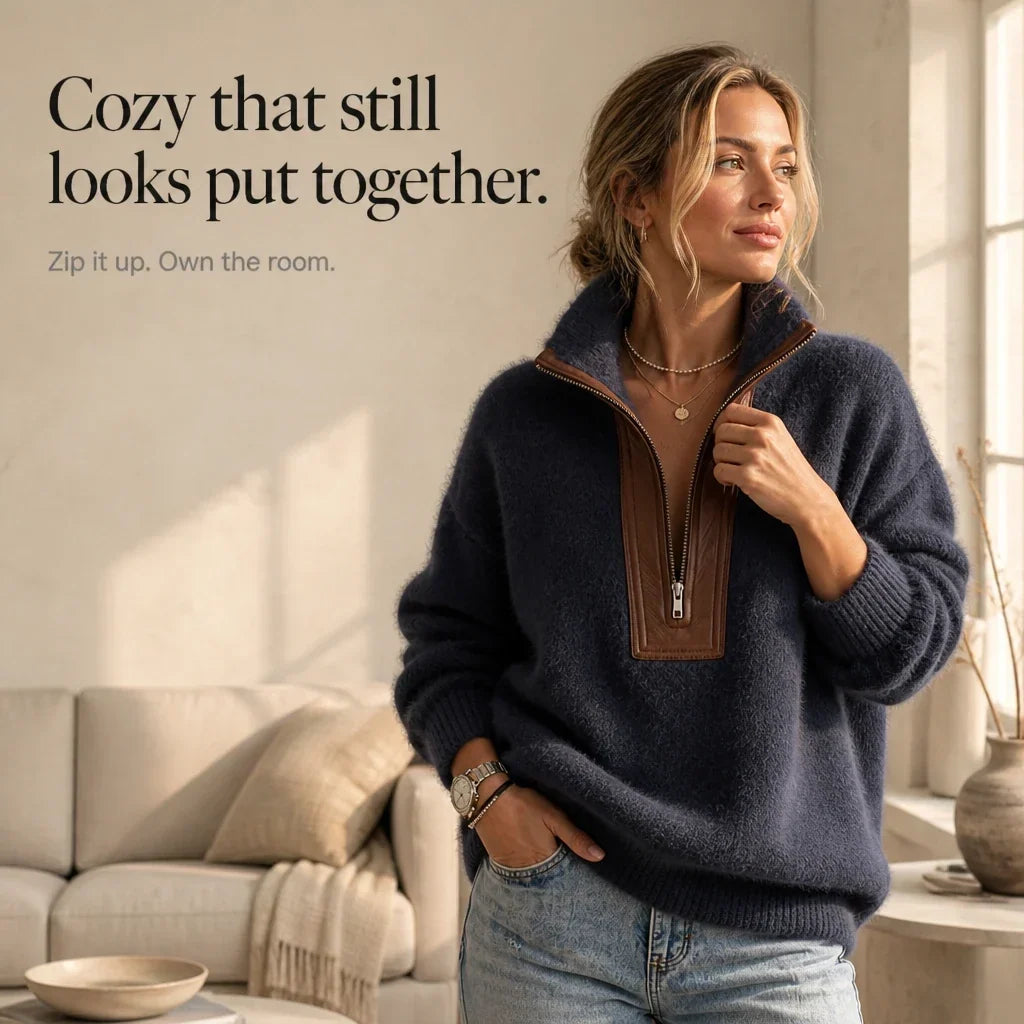 Wooluna – Fuzzy Contrast-Collar Half-Zip Sweater