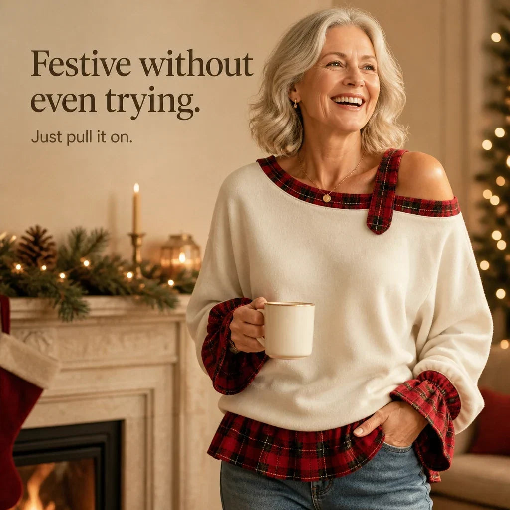 Plaidella – Plaid Ruffle Off-Shoulder Sweatshirt