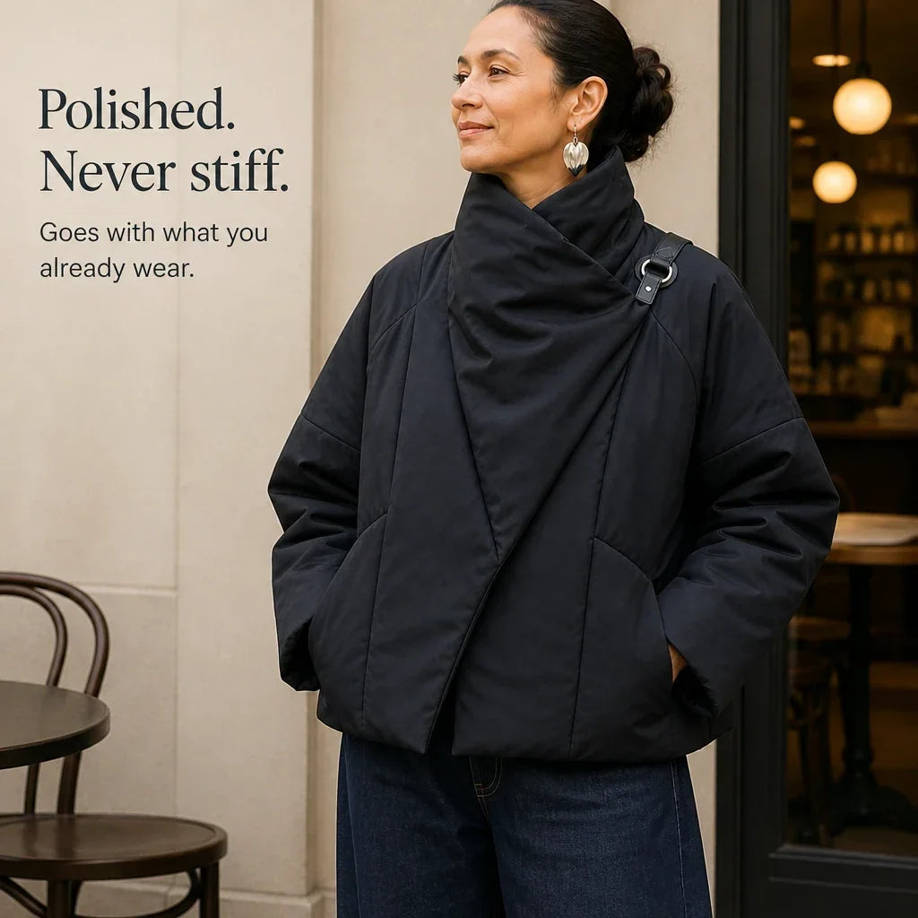 Veluna – Asymmetric Draped-Neck Puffer Jacket