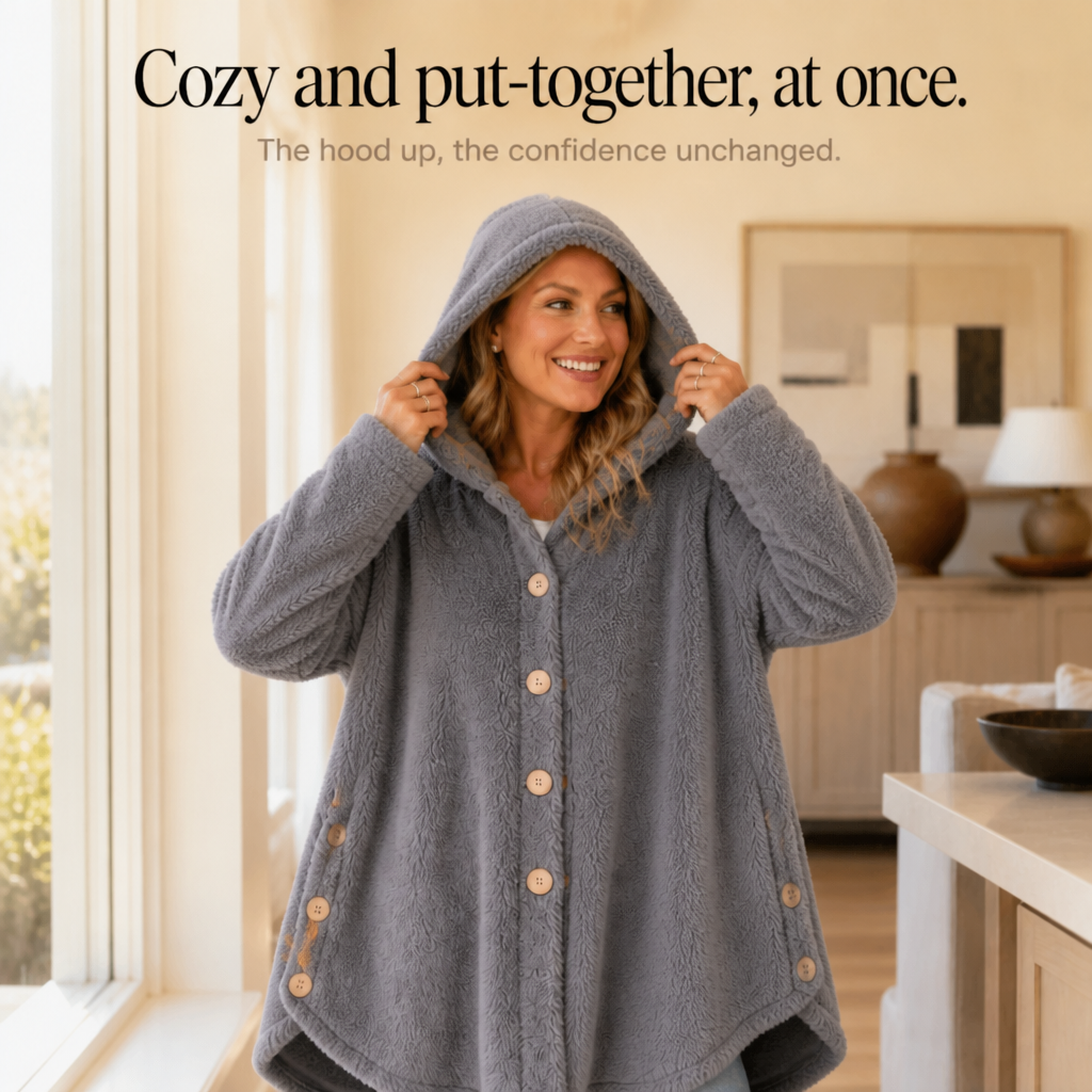 Veluna – Asymmetrical Button-Front Hooded Fleece Coat