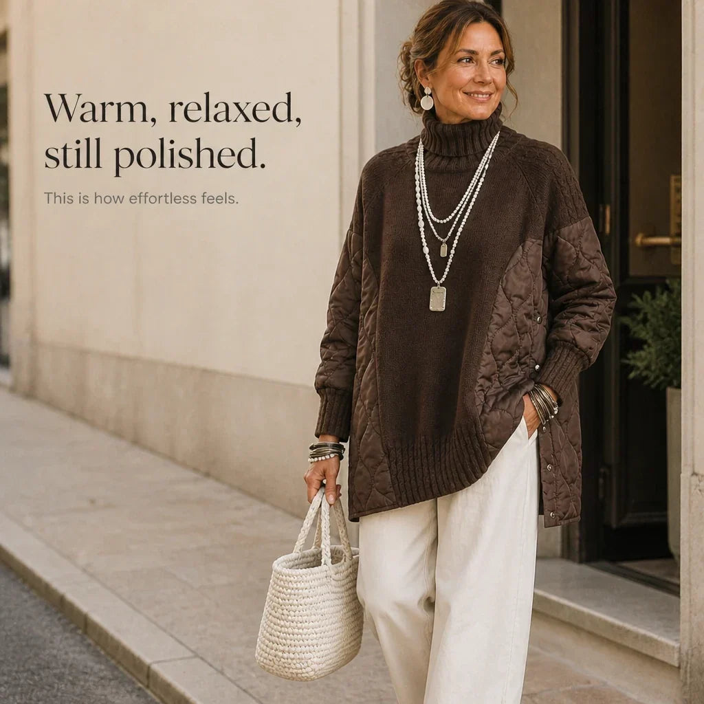 Quilted Haven – Quilted Panel Turtleneck Pullover