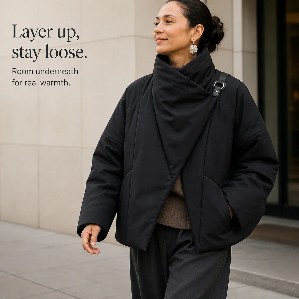 Veluna – Asymmetric Draped-Neck Puffer Jacket