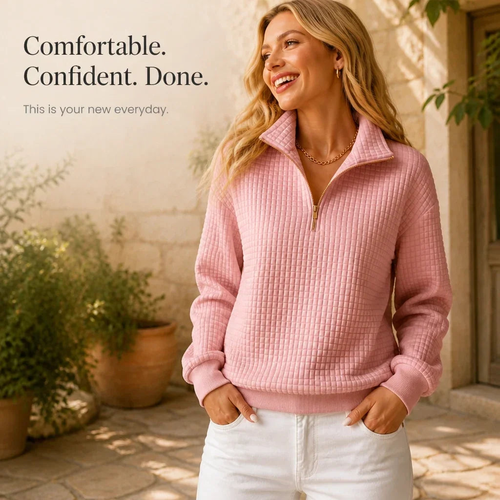 Quilted Ease – Quilted Half-Zip Knit Pullover